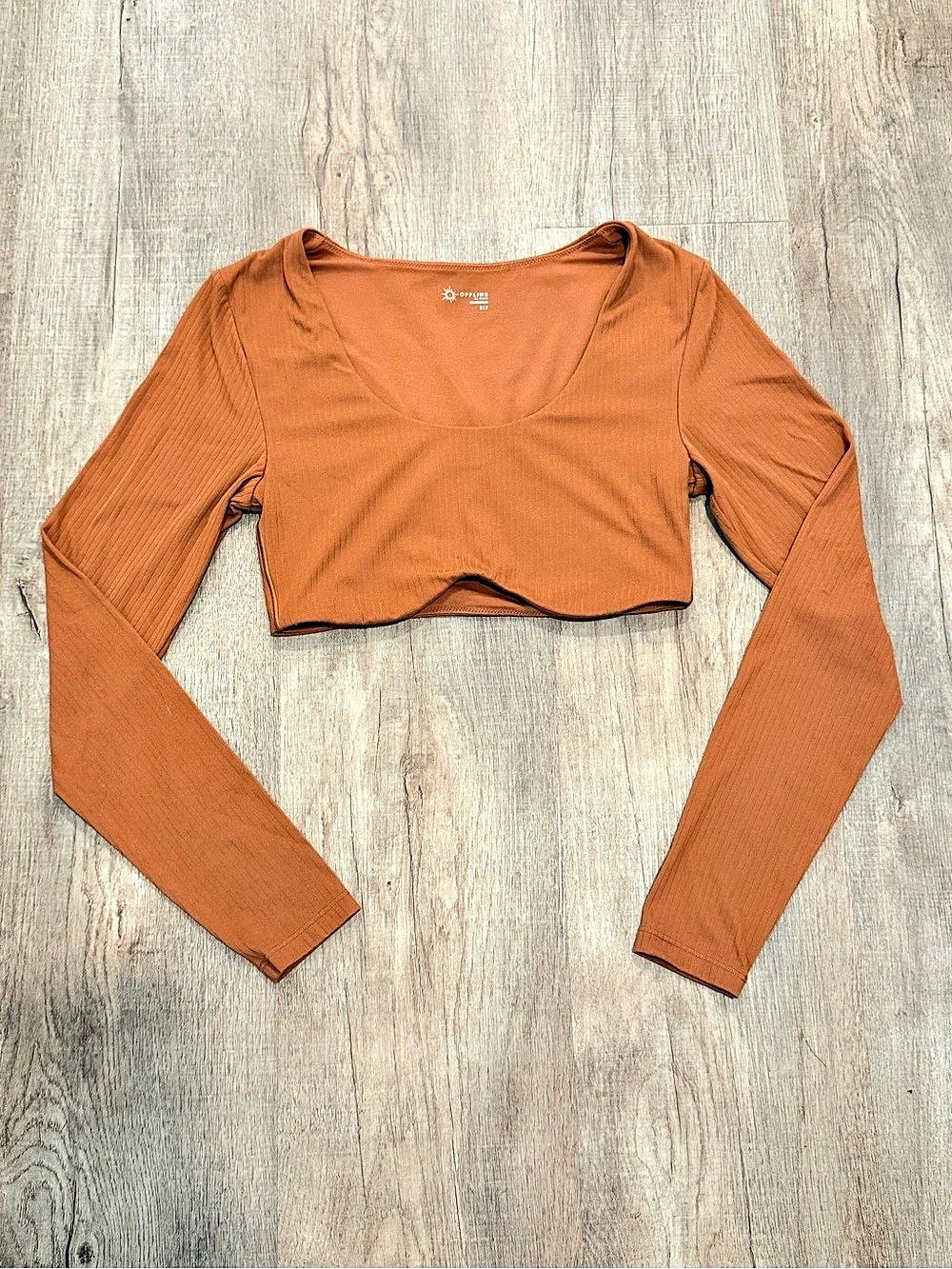 OFFLINE by Aerie Real Me Double Scoop Long Sleeve T-Shirt Crop Top in Brown